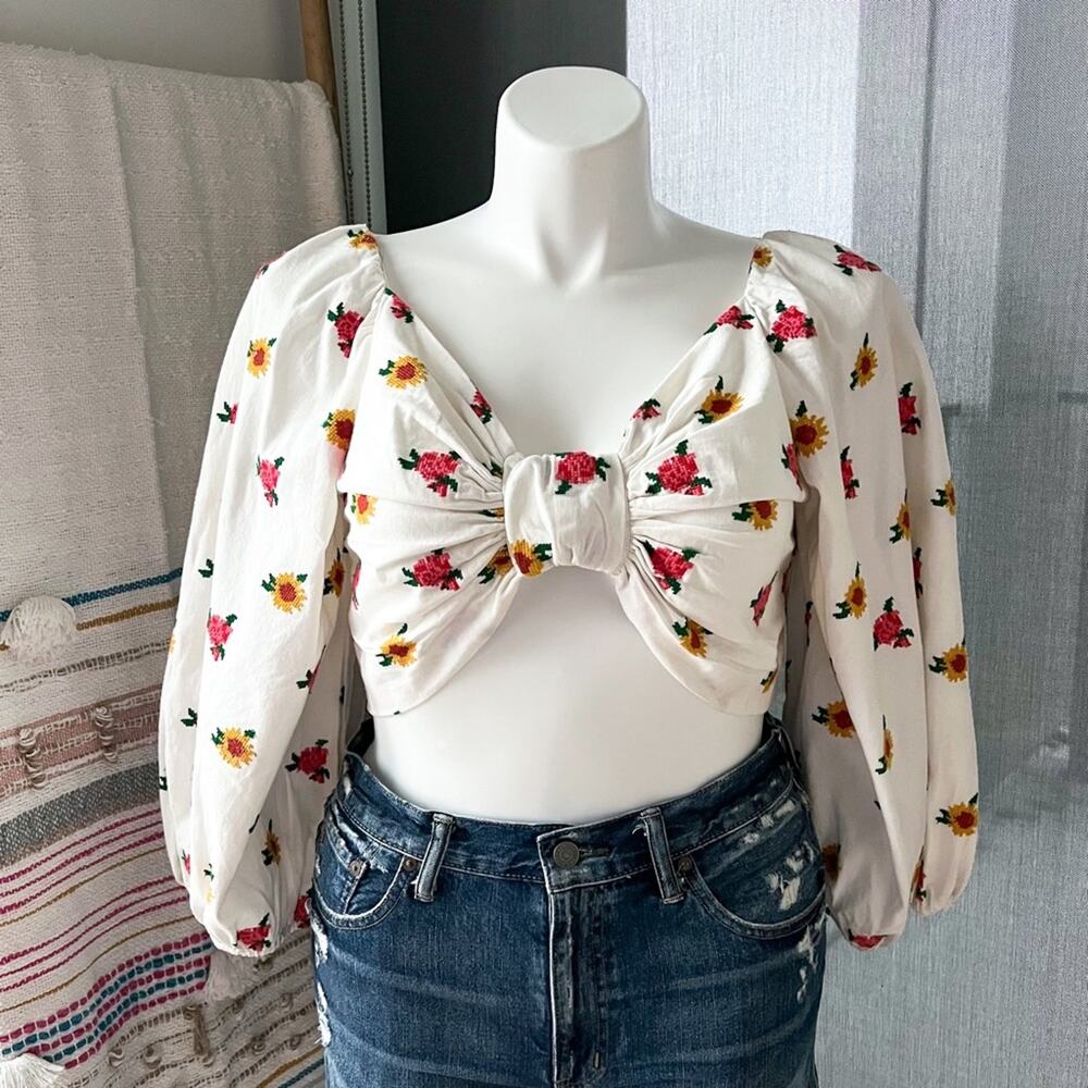 Farm Rio Mixed Cross Stitch Flowers Embroidered Long Balloon Sleeves Crop Top XL - Picture 1 of 14
